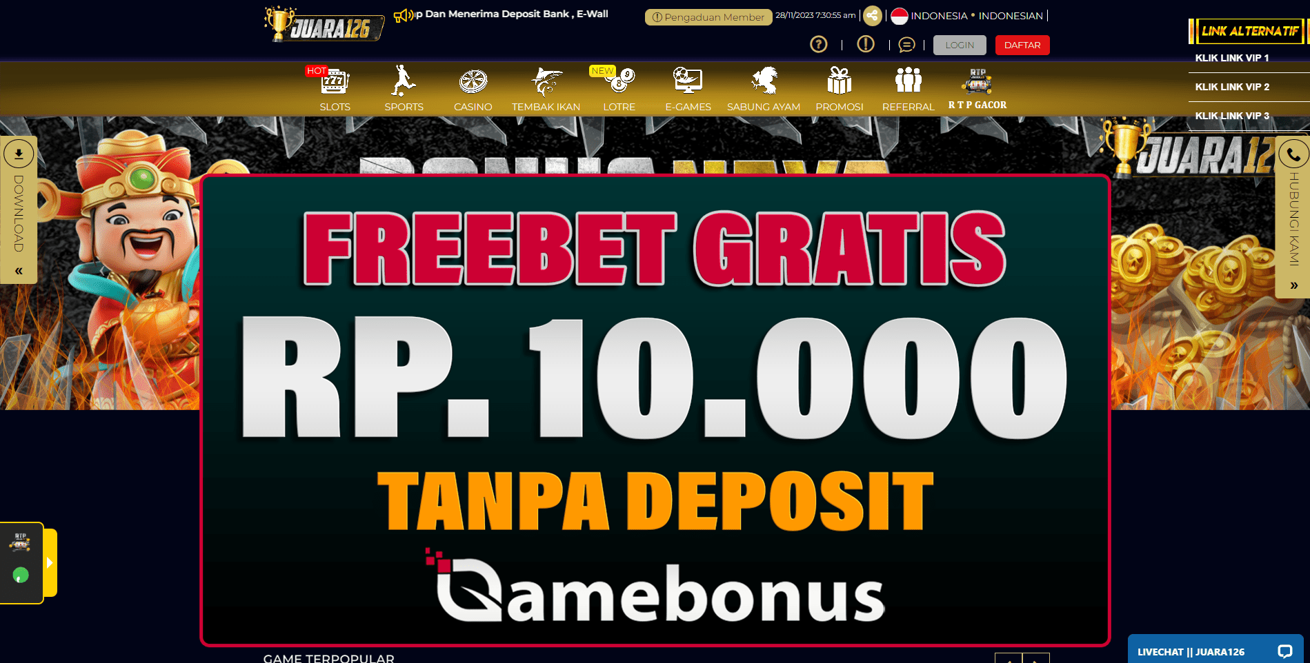 JUARA126 Bonus Freebet Rp 10.000 Gratis Tanpa Deposit